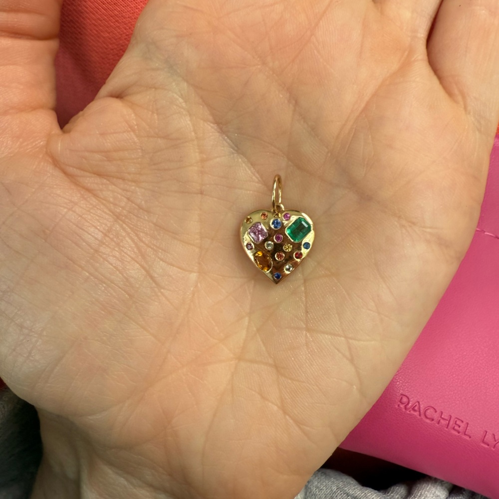 14k Gold Heart Pendant with Multicolor sapphire Gems